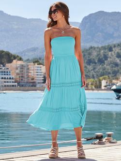Sosandar Crochet Detail Tiered Bandeau Dress, Aqua Blue, Aqua Blue