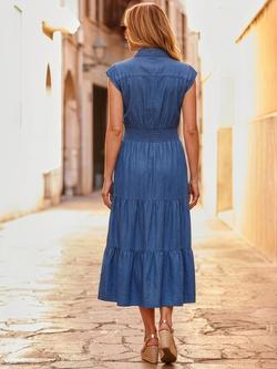 Sosandar Shirred Waist Button Front Denim Dress, Mid Blue - view 2, Mid Blue