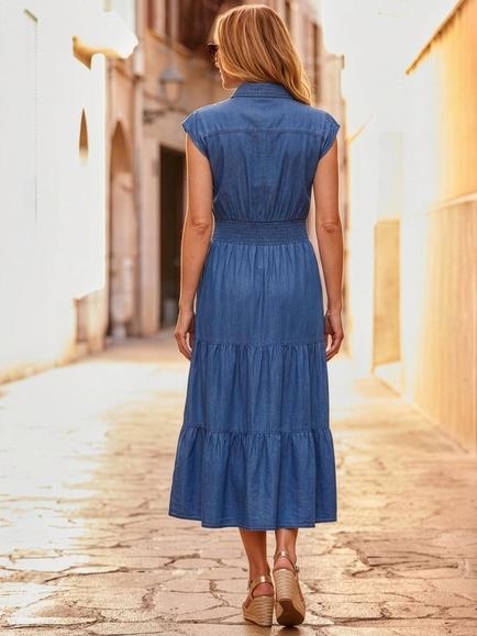 Sosandar Shirred Waist Button Front Denim Dress, Mid Blue - view 2, Mid Blue