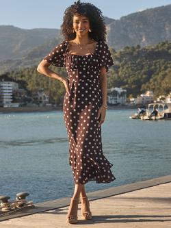 Sosandar Spot Print Chiffon Frill Hem Midaxi Dress, Brown, Brown