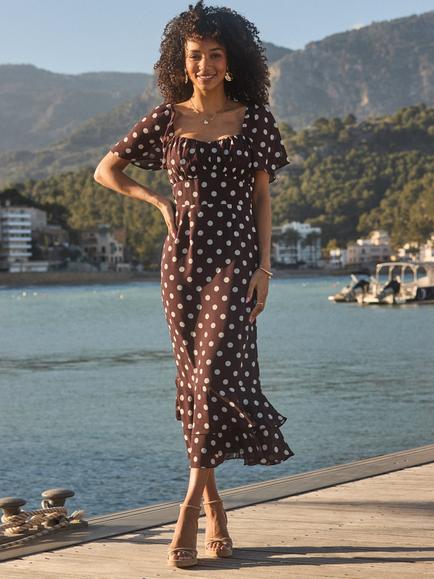 Sosandar Spot Print Chiffon Frill Hem Midaxi Dress, Brown, Brown