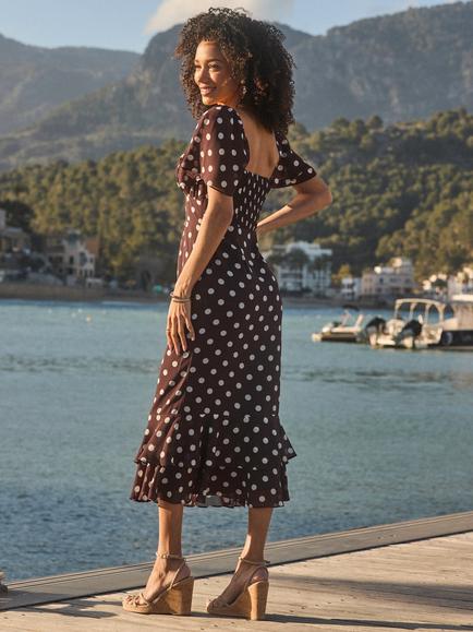 Sosandar Spot Print Chiffon Frill Hem Midaxi Dress, Brown - view 2, Brown