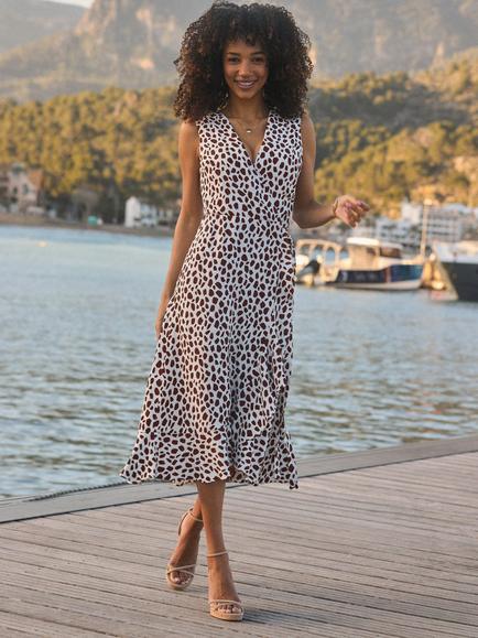 Sosandar Spot Print Wrap Midi Dress, Brown/Ivory - view 2, Brown/Ivory