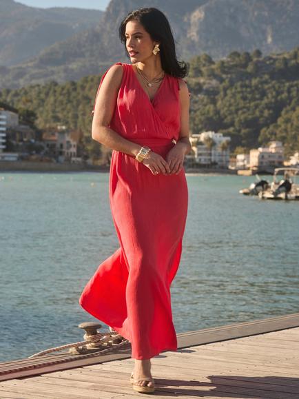 Sosandar Tie Shoulder Crinkle Maxi Dress, Pink Coral, Pink Coral
