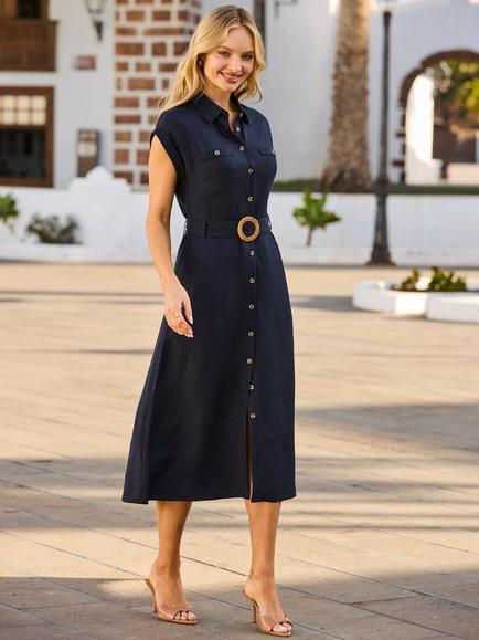 Sosandar Linen Blend Belted Shirt Dress, Navy Blue, Navy Blue