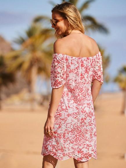 Sosandar Broderie Bardot Dress, Pink/White - view 2, Pink/White