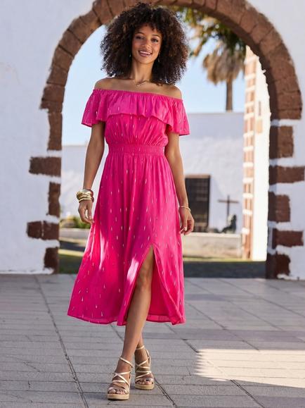 Sosandar Fleck Print Crinkle Bardot Shirred Waist Dress, Pink, Pink