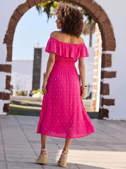Sosandar Fleck Print Crinkle Bardot Shirred Waist Dress, Pink - view 2, Pink