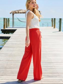 Sosandar Drawstring Waist Wide Leg Trousers, Coral - view 2, Coral