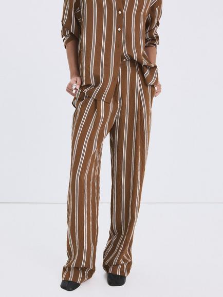 Mango Mid Rise Stripe Straight Trousers, Brown, Brown