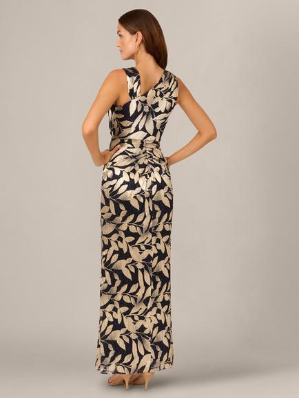 Adrianna Papell Foil Asymmetric Maxi Dress, Navy/Gold - view 2, Navy/Gold