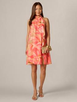Adrianna Papell Halterneck Petal Print Trapeze Dress, Coral/Multi - view 2, Coral/Multi