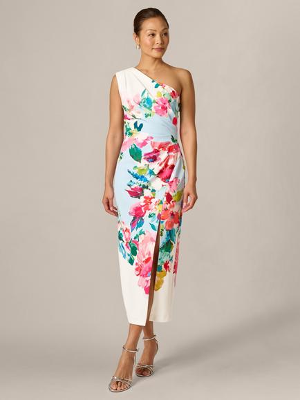 Adrianna Papell One Shoulder Floral Midi Dress, Blue/Multi, Blue/Multi