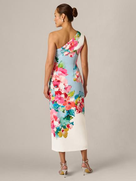 Adrianna Papell One Shoulder Floral Midi Dress, Blue/Multi - view 2, Blue/Multi