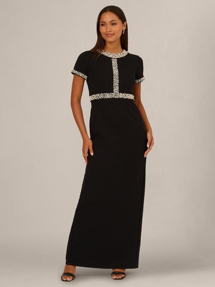 Adrianna Papell Pearl Crepe Short Sleeve Maxi Gown, Black/Ivory, Black/Ivory