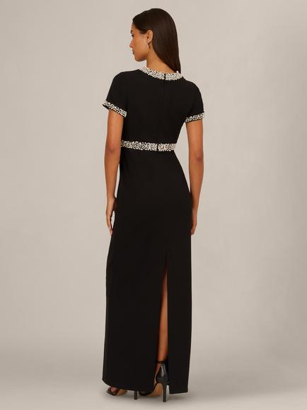 Adrianna Papell Pearl Crepe Short Sleeve Maxi Gown, Black/Ivory - view 2, Black/Ivory