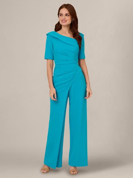 Adrianna Papell Asymmetric Knit Crepe Jumpsuit, Bel Air Blue, Bel Air Blue