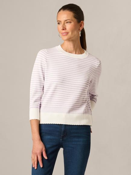 Adrianna Papell Round Neck Scallop Stripe Jumper, Ivory/Orchid Petal, Ivory/Orchid Petal