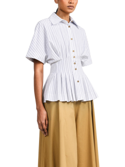 palmer//harding Courage Striped Short Sleeve Cotton Peplum Shirt, White - view 2, White