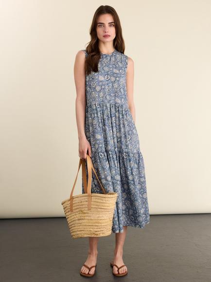 Baukjen Annmarie Woodblock Print Dress containing LENZING™ ECOVERO™ Viscose, Blue Denim/Multi - view 2, Blue Denim/Multi