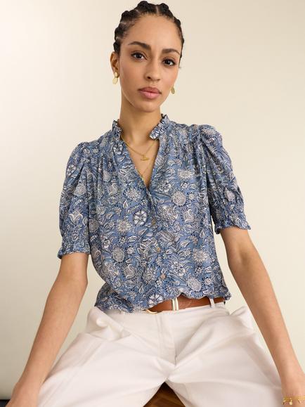 Baukjen Nolan Woodblock Print Shirt containing LENZING™ ECOVERO™ Viscose, Blue/Multi, Blue/Multi