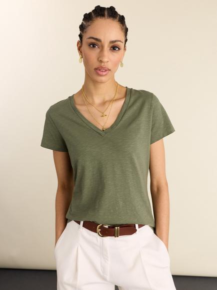 Baukjen Hanorah Organic Cotton V-Neck T-Shirt, Light Khaki