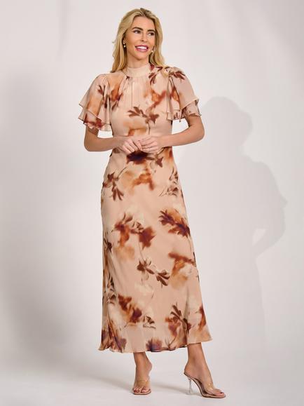 Jolie Moi High Neck Back Tie Chiffon Dress, Brown, Brown