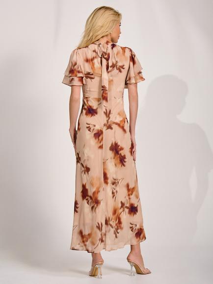 Jolie Moi High Neck Back Tie Chiffon Dress, Brown - view 2, Brown