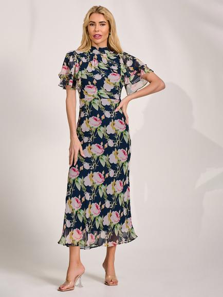 Jolie Moi High Neck Tie Back Chiffon Maxi Dress, Navy, Navy
