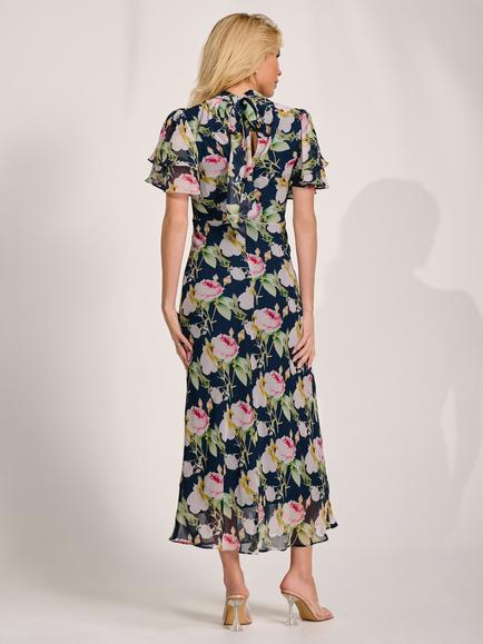 Jolie Moi High Neck Tie Back Chiffon Maxi Dress, Navy - view 2, Navy