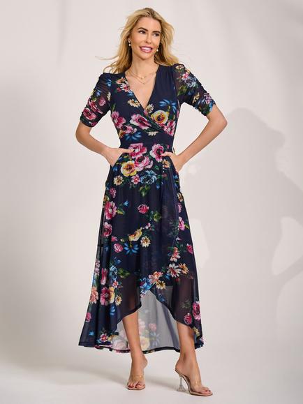 Jolie Moi Wrap Neck Frill Maxi Dress, Navy, Navy