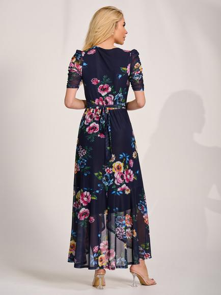 Jolie Moi Wrap Neck Frill Maxi Dress, Navy - view 2, Navy