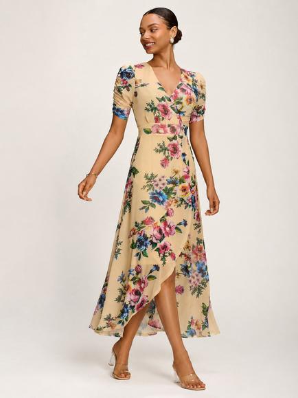 Jolie Moi Wrap Neck Frill Mesh Maxi Dress, Yellow, Yellow
