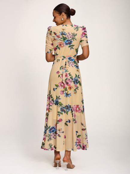 Jolie Moi Wrap Neck Frill Mesh Maxi Dress, Yellow - view 2, Yellow