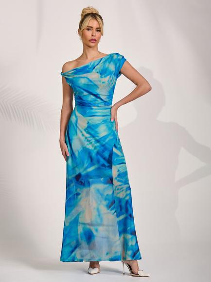 Jolie Moi Asymmetric Twist Strap Mesh Dress, Blue, Blue