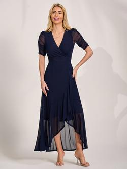 Jolie Moi Wrap Neck Frill Mesh Maxi Dress, Navy, Navy
