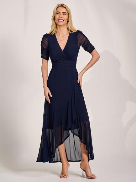Jolie Moi Wrap Neck Frill Mesh Maxi Dress, Navy, Navy