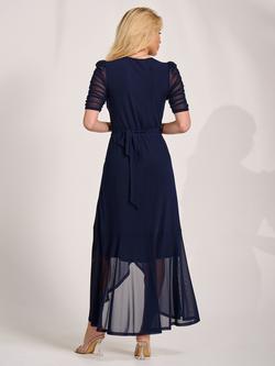 Jolie Moi Wrap Neck Frill Mesh Maxi Dress, Navy - view 2, Navy