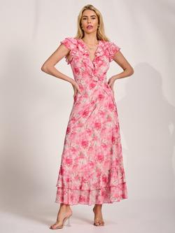 Jolie Moi Wrap Neck Frill Mesh Maxi Dress, Pink, Pink