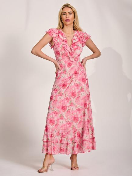 Jolie Moi Wrap Neck Frill Mesh Maxi Dress, Pink, Pink