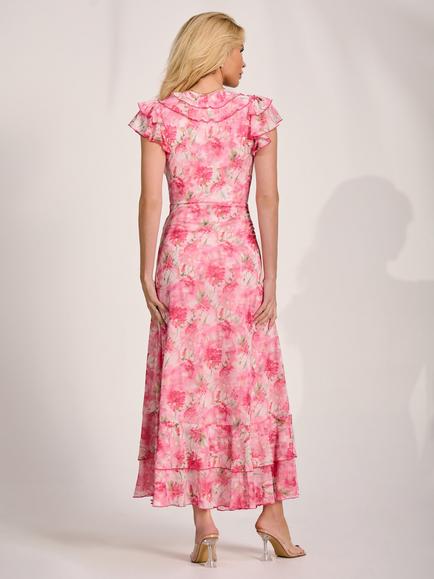 Jolie Moi Wrap Neck Frill Mesh Maxi Dress, Pink - view 2, Pink