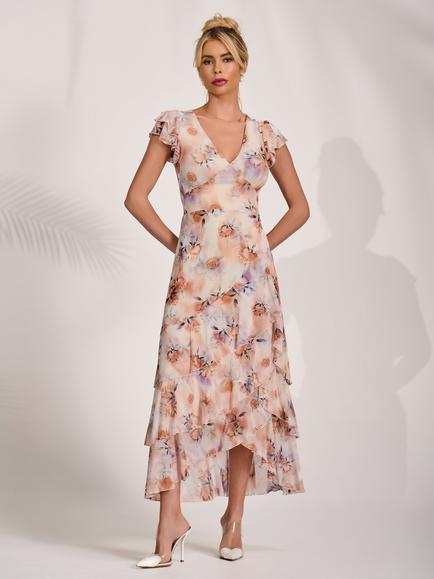 Jolie Moi V-Neck Tiered Ruffle Mesh Maxi Dress, Amber, Amber