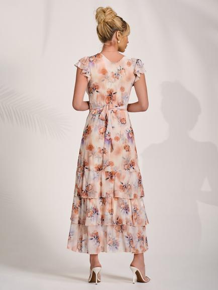 Jolie Moi V-Neck Tiered Ruffle Mesh Maxi Dress, Amber - view 2, Amber