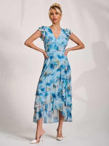 Jolie Moi V-Neck Mesh Ruffle Dress, Blue, Blue