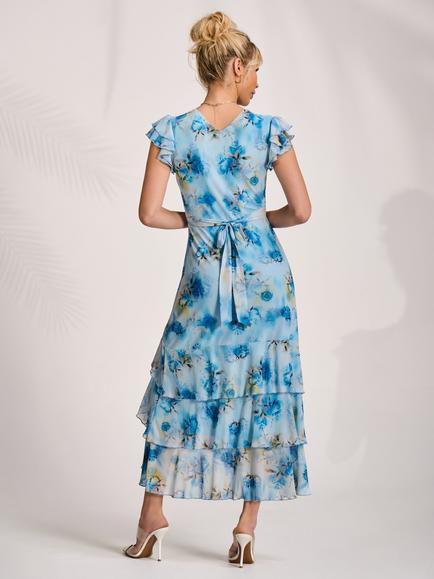 Jolie Moi V-Neck Mesh Ruffle Dress, Blue - view 2, Blue