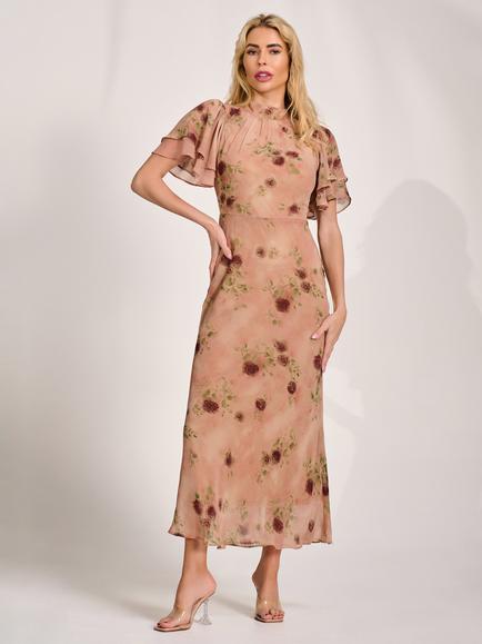 Jolie Moi High Neck Tie Back Pleat Detail Dress, Coral, Coral