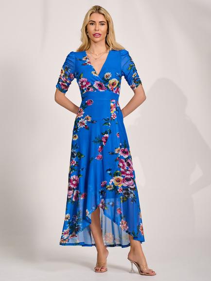 Jolie Moi V-Neck Ruched Sleeve Dress, Royal Blue, Royal Blue