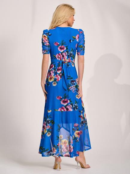 Jolie Moi V-Neck Ruched Sleeve Dress, Royal Blue - view 2, Royal Blue