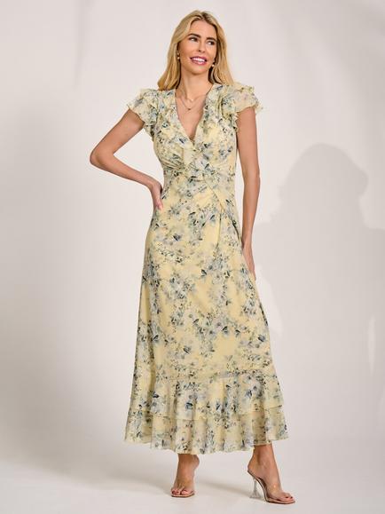 Jolie Moi Ruffle V-Neck Maxi Dress, Yellow, Yellow