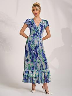 Jolie Moi V-Neck Ruffle Frill Maxi Dress, Blue, Blue
